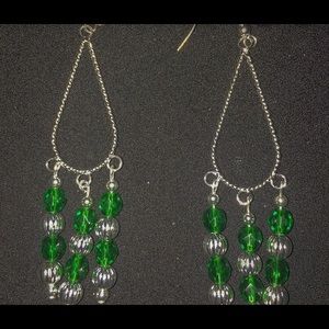 handmade green & silver teardrop dangle earrings